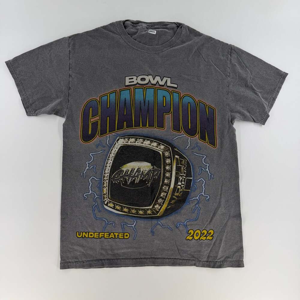 0688 Small PacSun Washed Grey Bowl Champion Ring Graphic T-Shirt